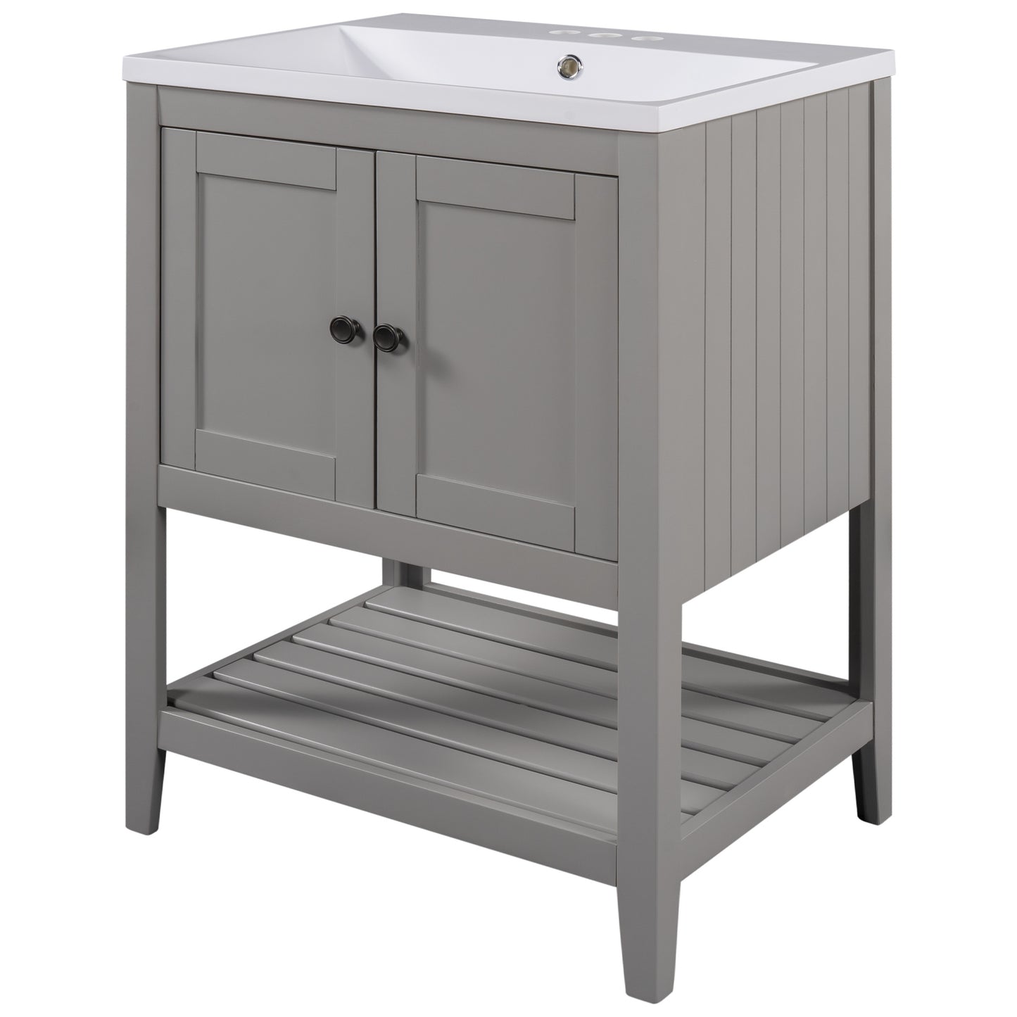 24\\\" White Modern Sleek Bathroom Vanity Elegant Ceramic Sink with Solid Wood Frame Open Style Shelf