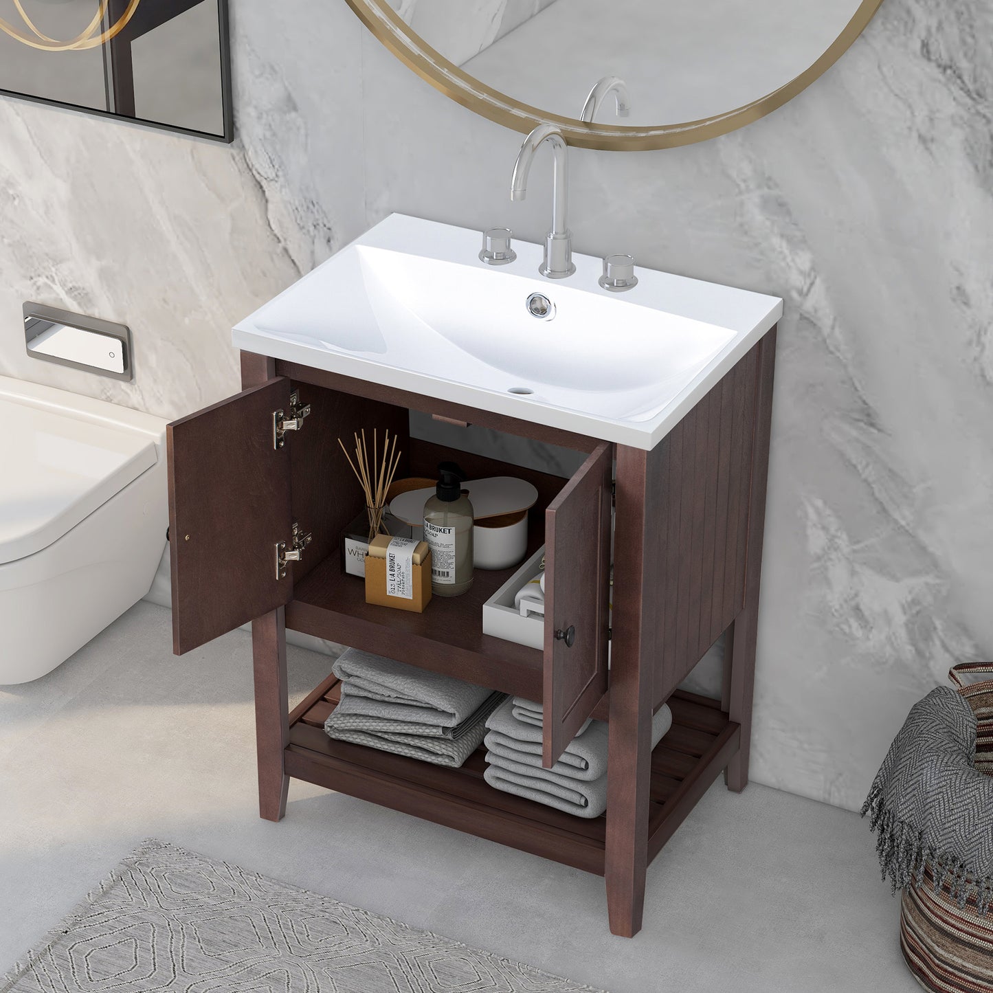 24\\\" White Modern Sleek Bathroom Vanity Elegant Ceramic Sink with Solid Wood Frame Open Style Shelf