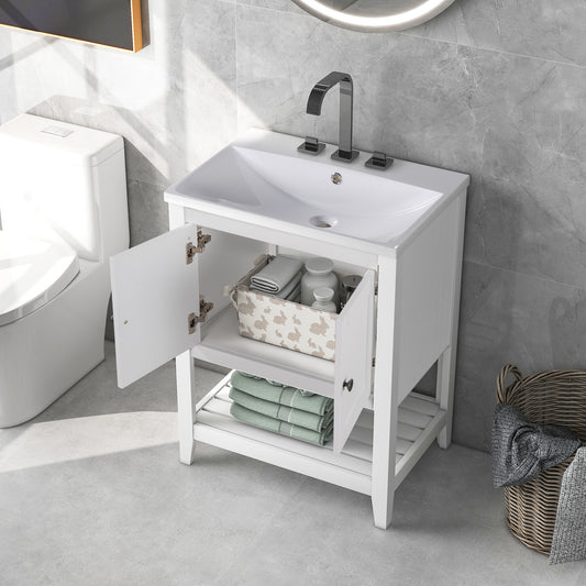 24\\\" White Modern Sleek Bathroom Vanity Elegant Ceramic Sink with Solid Wood Frame Open Style Shelf