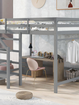 Full Size Loft Bed with Built-in Storage Staircase and Hanger for Clothes; Gray