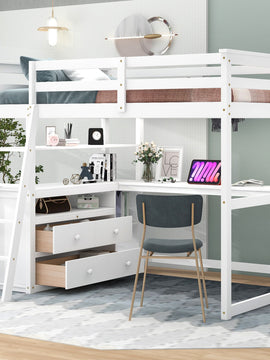 Full Size Loft Bed with Desk and Shelves; Two Built-in Drawers; White