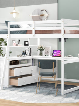 Full Size Loft Bed with Desk and Shelves; Two Built-in Drawers; White