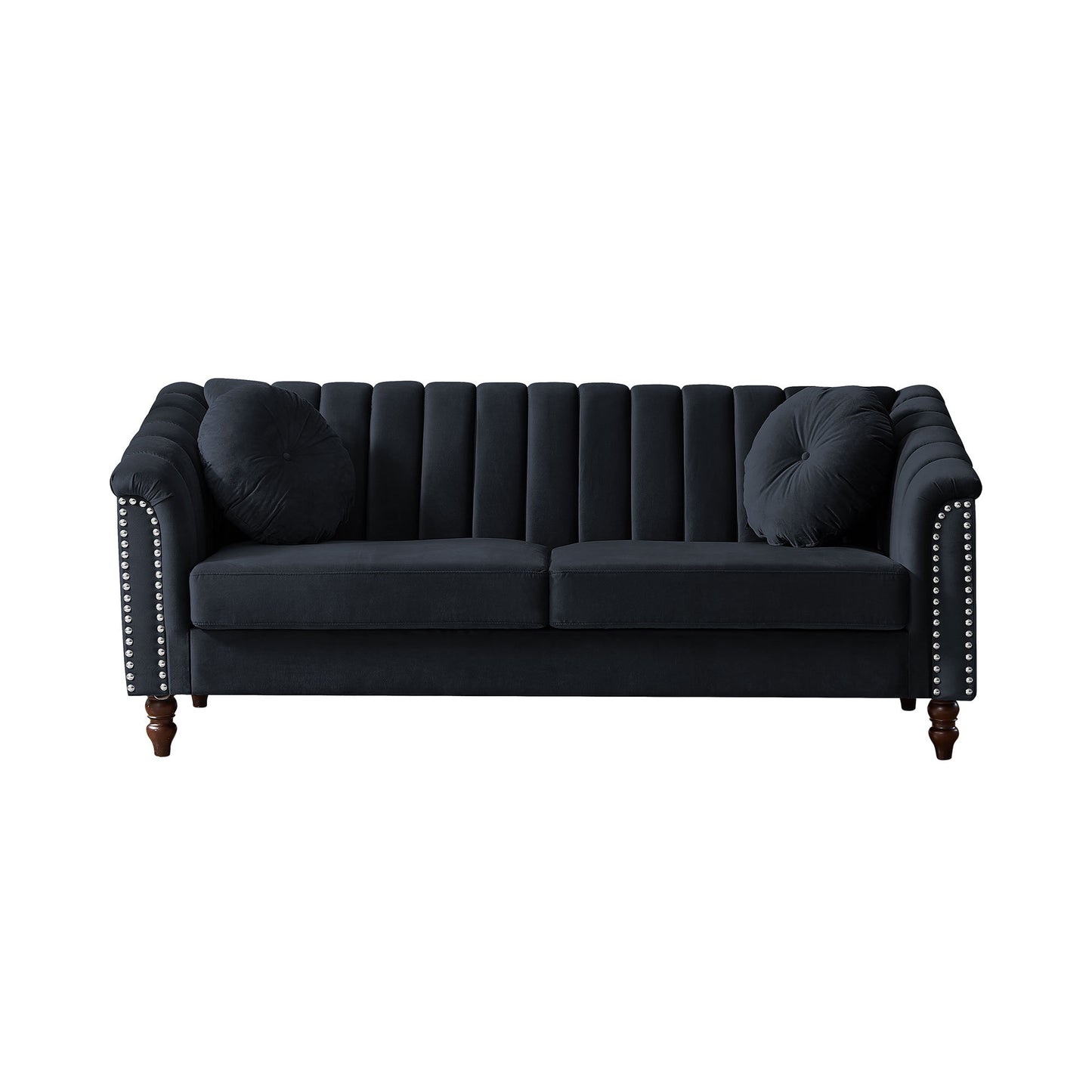 MH Modern Velvet Upholstered Sofa Couch; 3 Seat Tufted Back with Nail Arms with 2 pillows; Solid wood Legs; Sleeper Sofa for Living Room; Compact Living Space; Apartment; Bonus Room