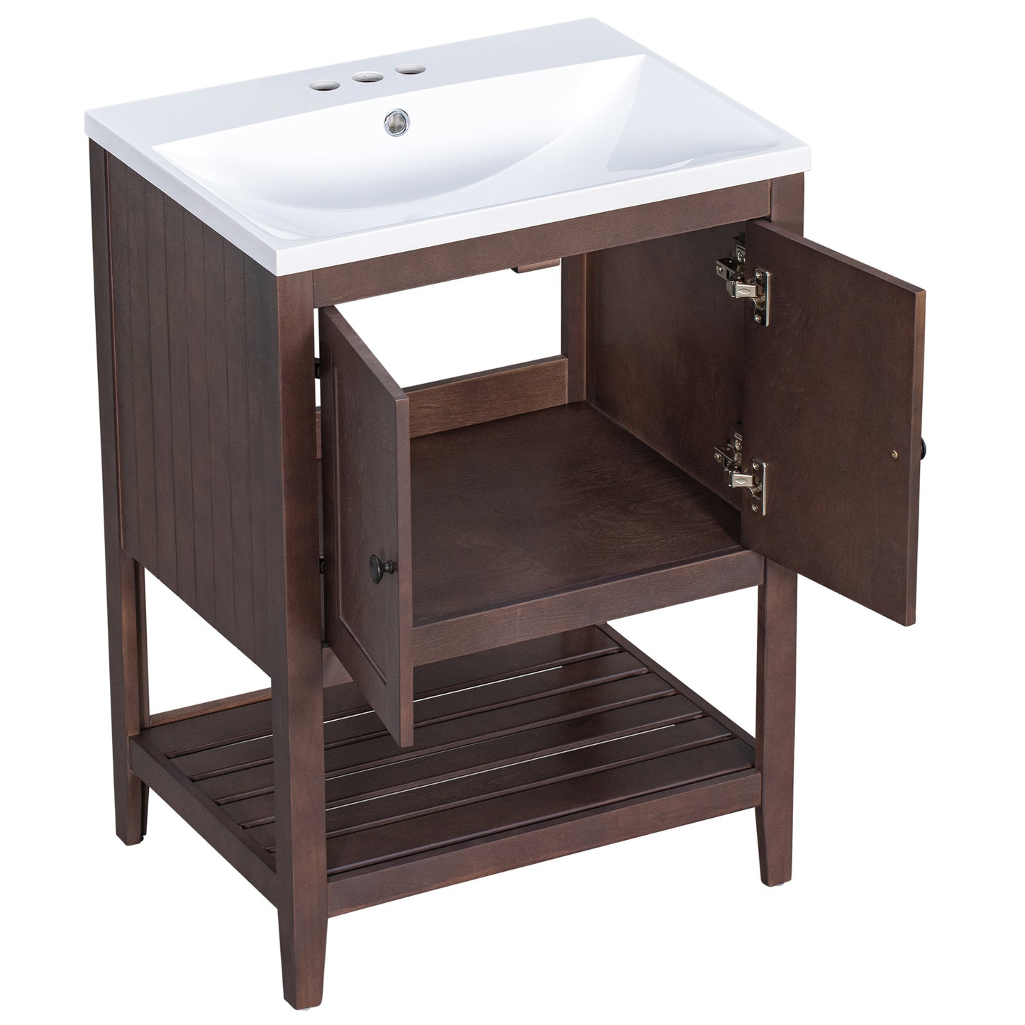 24\\\" White Modern Sleek Bathroom Vanity Elegant Ceramic Sink with Solid Wood Frame Open Style Shelf