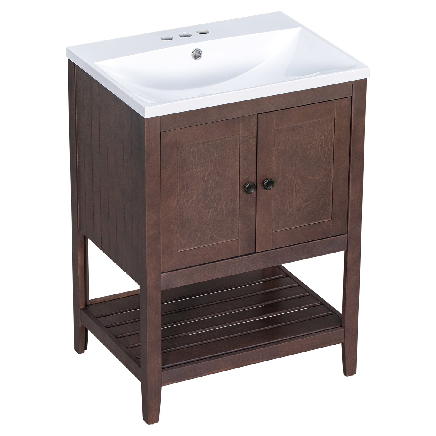 24\\\" White Modern Sleek Bathroom Vanity Elegant Ceramic Sink with Solid Wood Frame Open Style Shelf