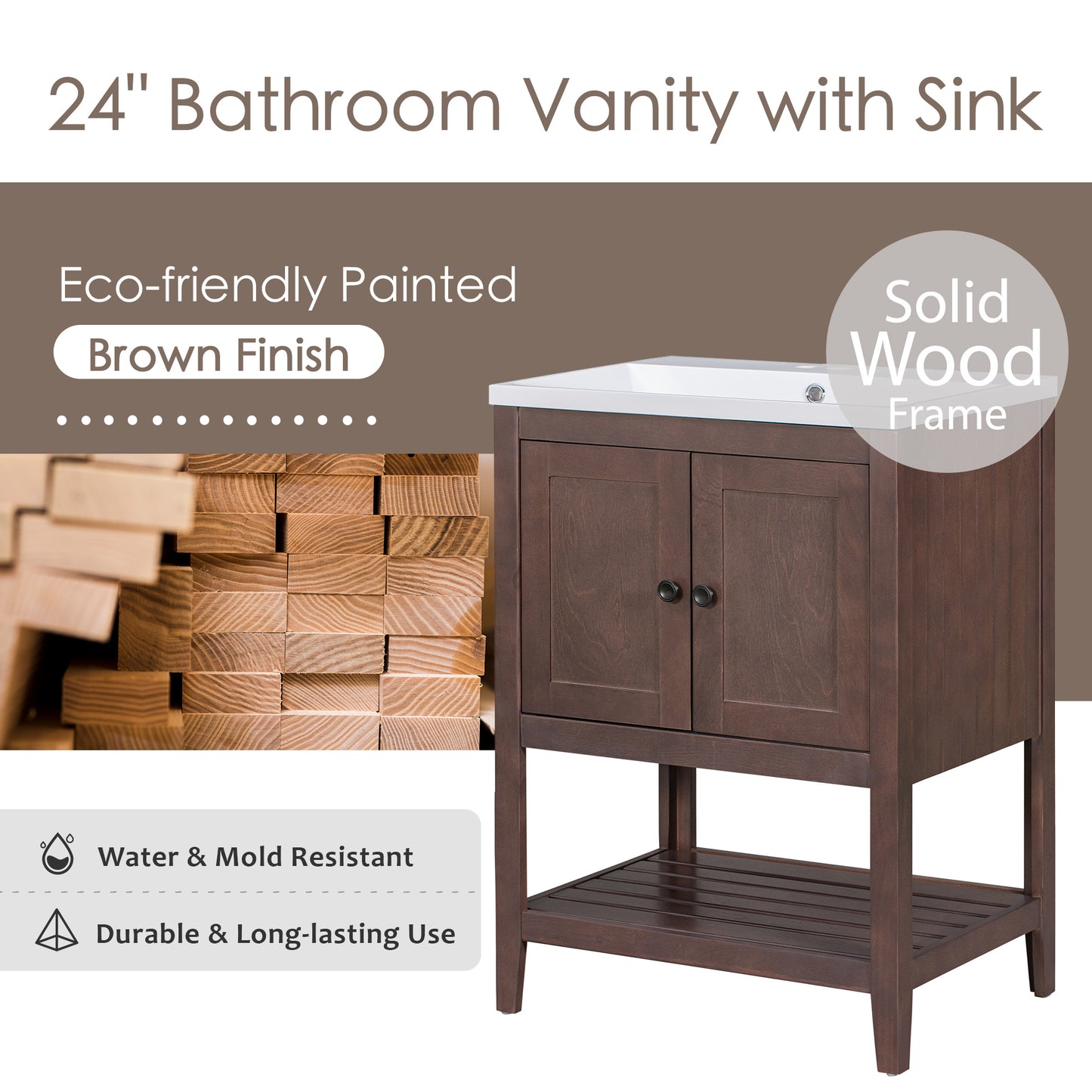 24\\\" White Modern Sleek Bathroom Vanity Elegant Ceramic Sink with Solid Wood Frame Open Style Shelf