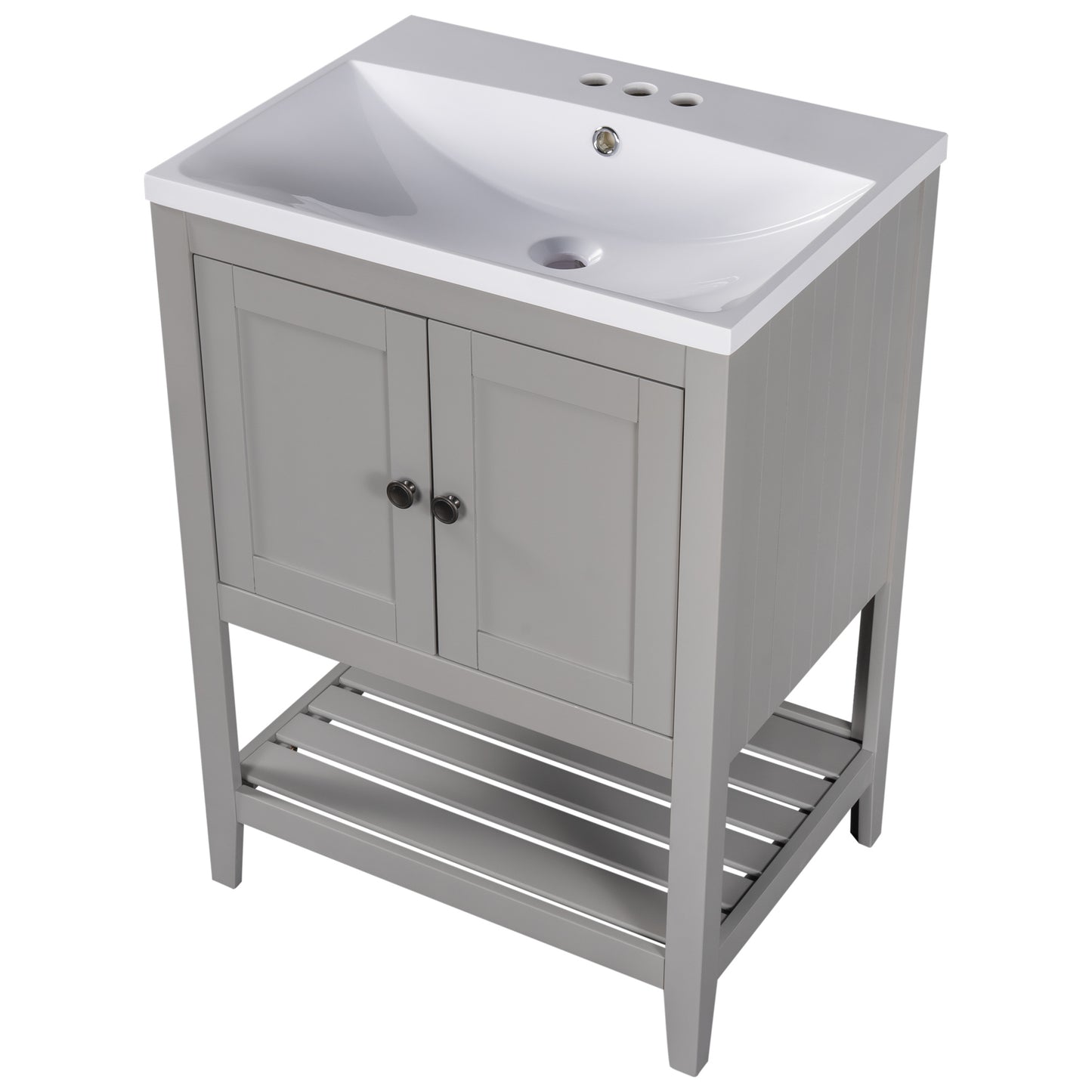 24\\\" White Modern Sleek Bathroom Vanity Elegant Ceramic Sink with Solid Wood Frame Open Style Shelf