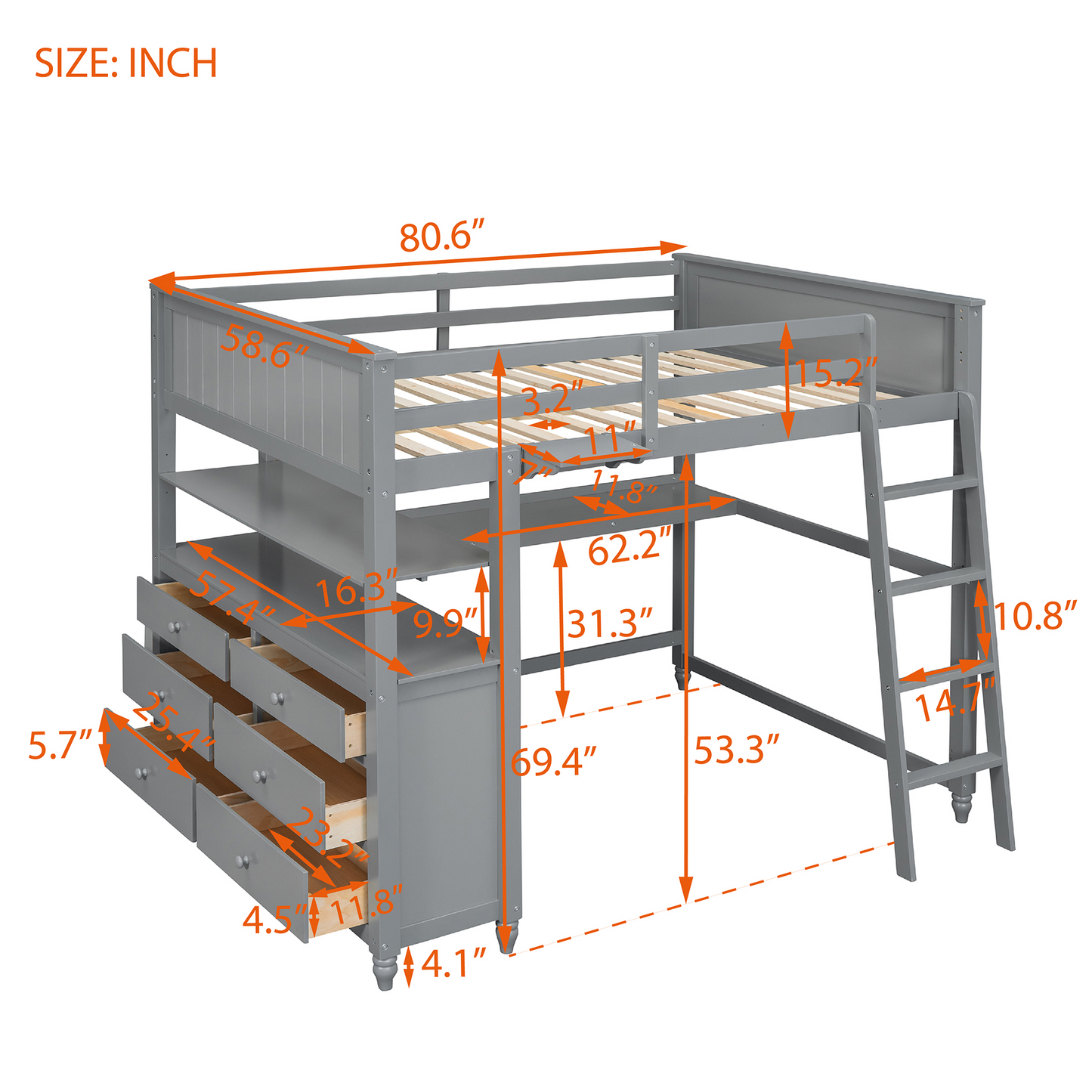 Full size Loft Bed with Drawers and Desk; Wooden Loft Bed with Shelves - Gray(OLD SKU:LT000529AAE)