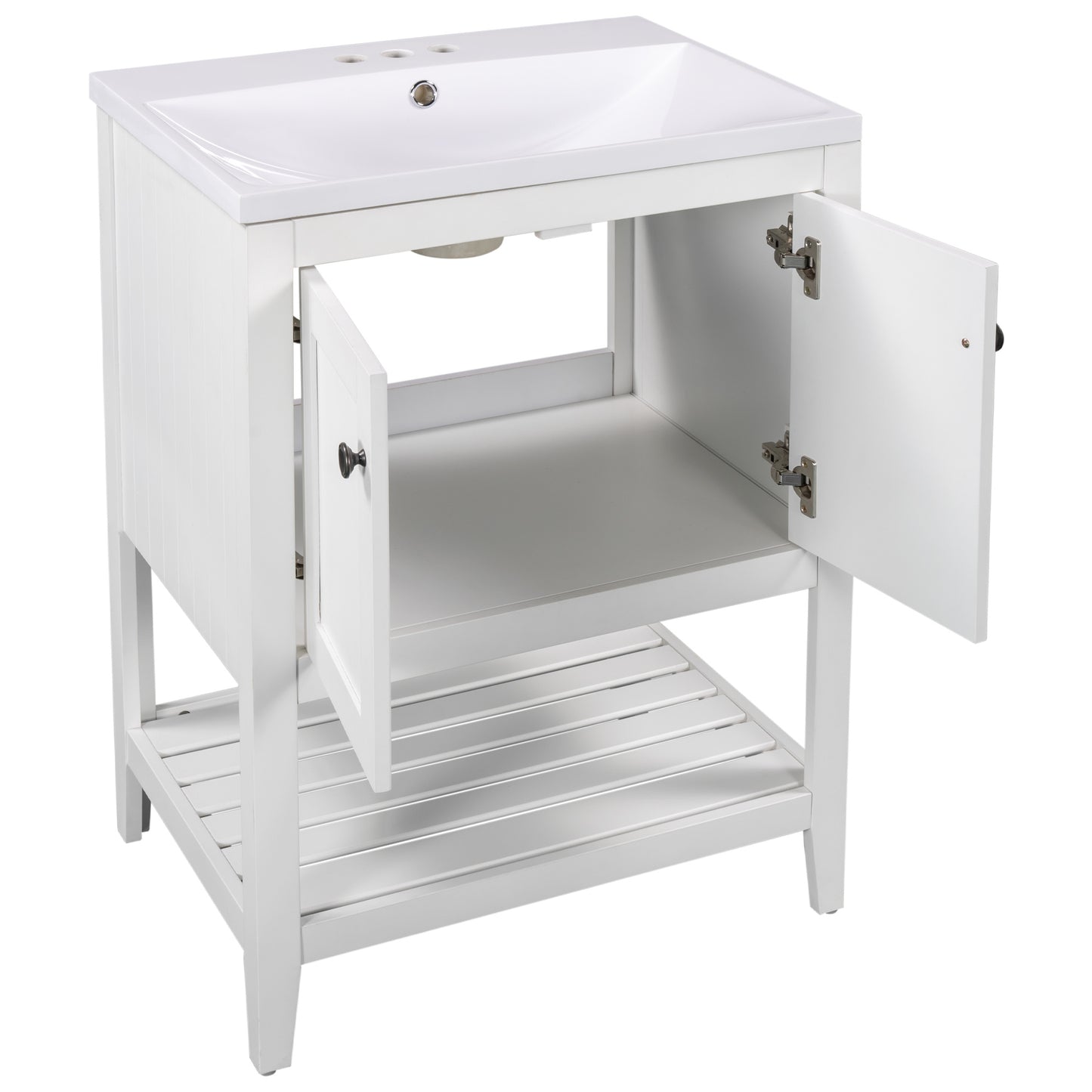 24\\\" White Modern Sleek Bathroom Vanity Elegant Ceramic Sink with Solid Wood Frame Open Style Shelf