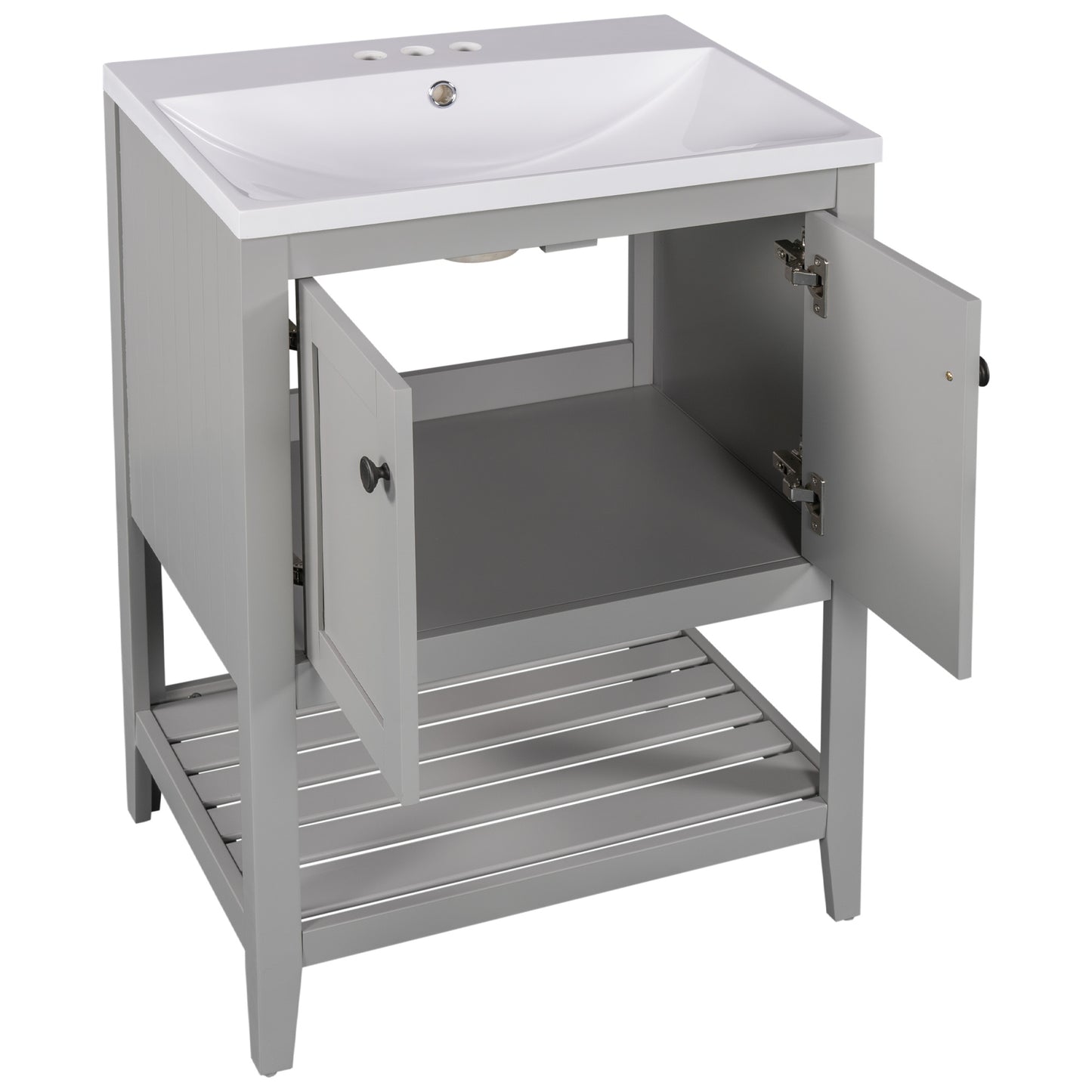 24\\\" White Modern Sleek Bathroom Vanity Elegant Ceramic Sink with Solid Wood Frame Open Style Shelf