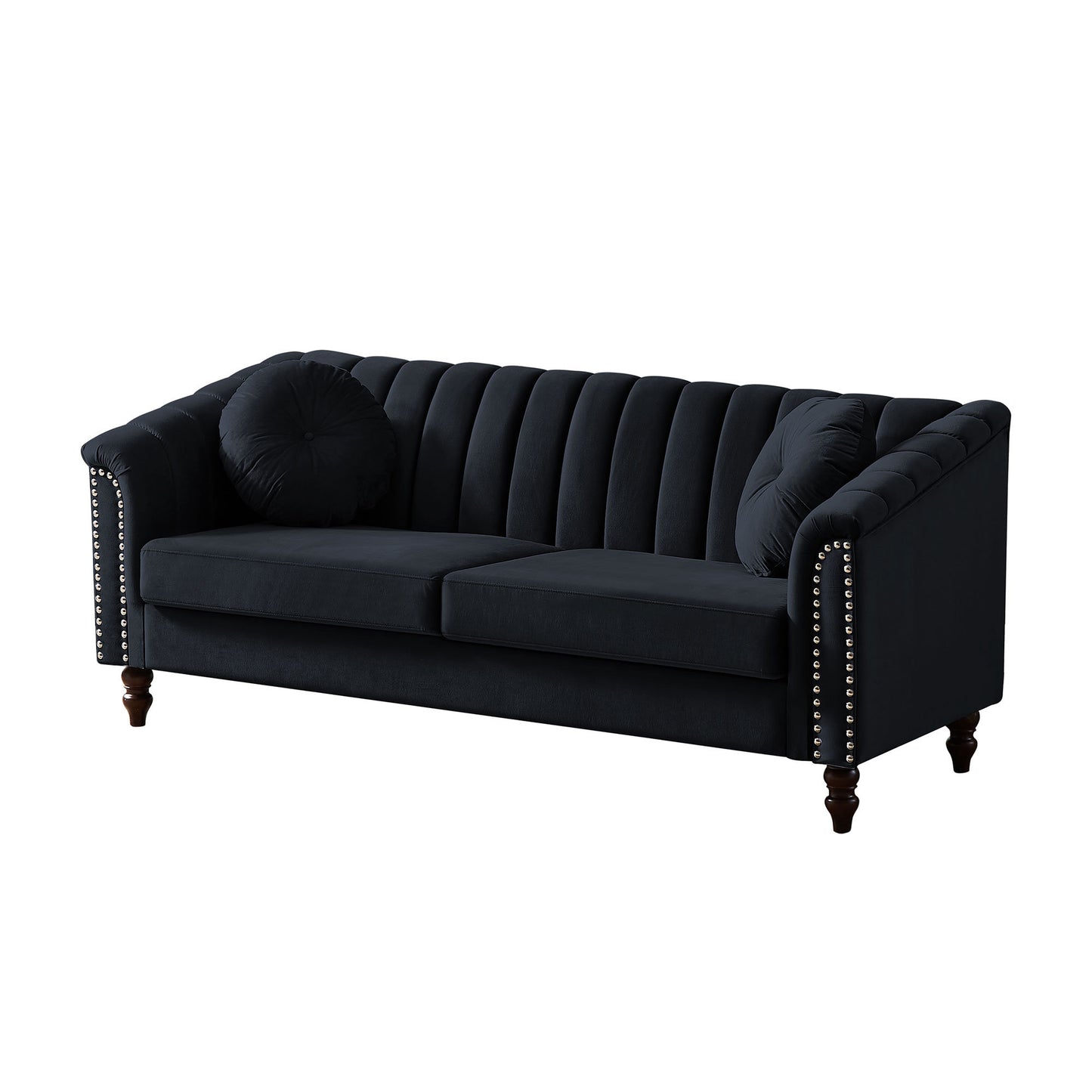 MH Modern Velvet Upholstered Sofa Couch; 3 Seat Tufted Back with Nail Arms with 2 pillows; Solid wood Legs; Sleeper Sofa for Living Room; Compact Living Space; Apartment; Bonus Room