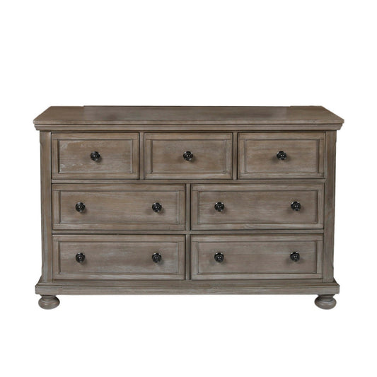 7 Drawer Wooden Dresser with Metal Pulls and Bun Feet; Distressed Brown