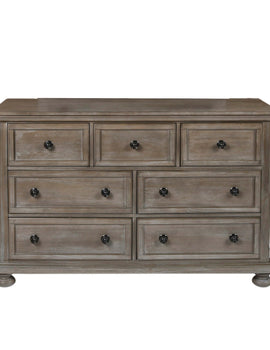 7 Drawer Wooden Dresser with Metal Pulls and Bun Feet; Distressed Brown