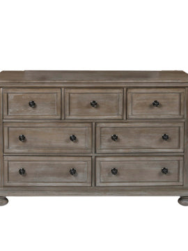 7 Drawer Wooden Dresser with Metal Pulls and Bun Feet; Distressed Brown