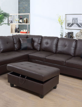 3 PC Sectional Sofa Set; (Brown) Faux Leather Right -Facing Chaise with Free Storage Ottoman