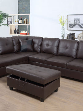 3 PC Sectional Sofa Set; (Brown) Faux Leather Right -Facing Chaise with Free Storage Ottoman