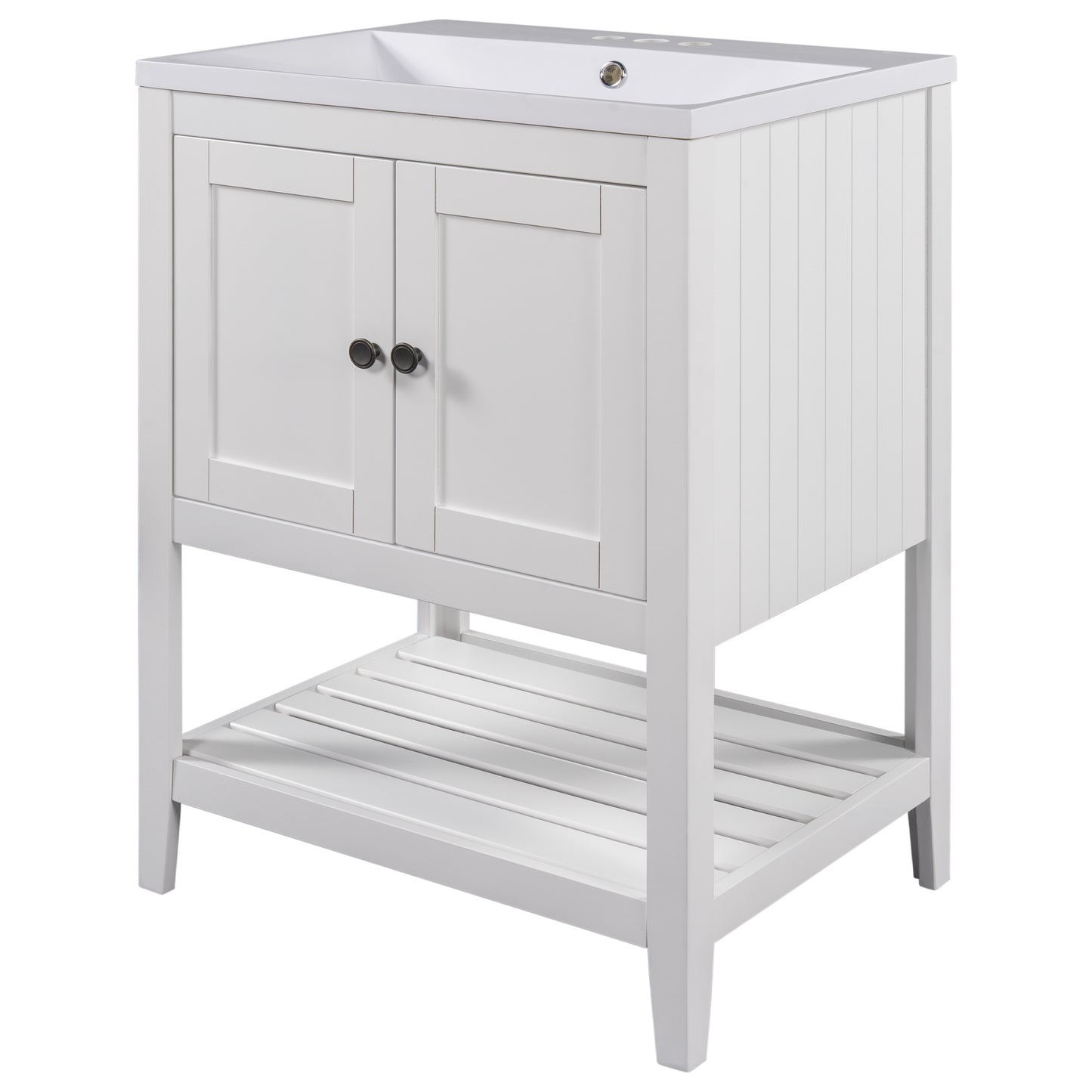 24\\\" White Modern Sleek Bathroom Vanity Elegant Ceramic Sink with Solid Wood Frame Open Style Shelf