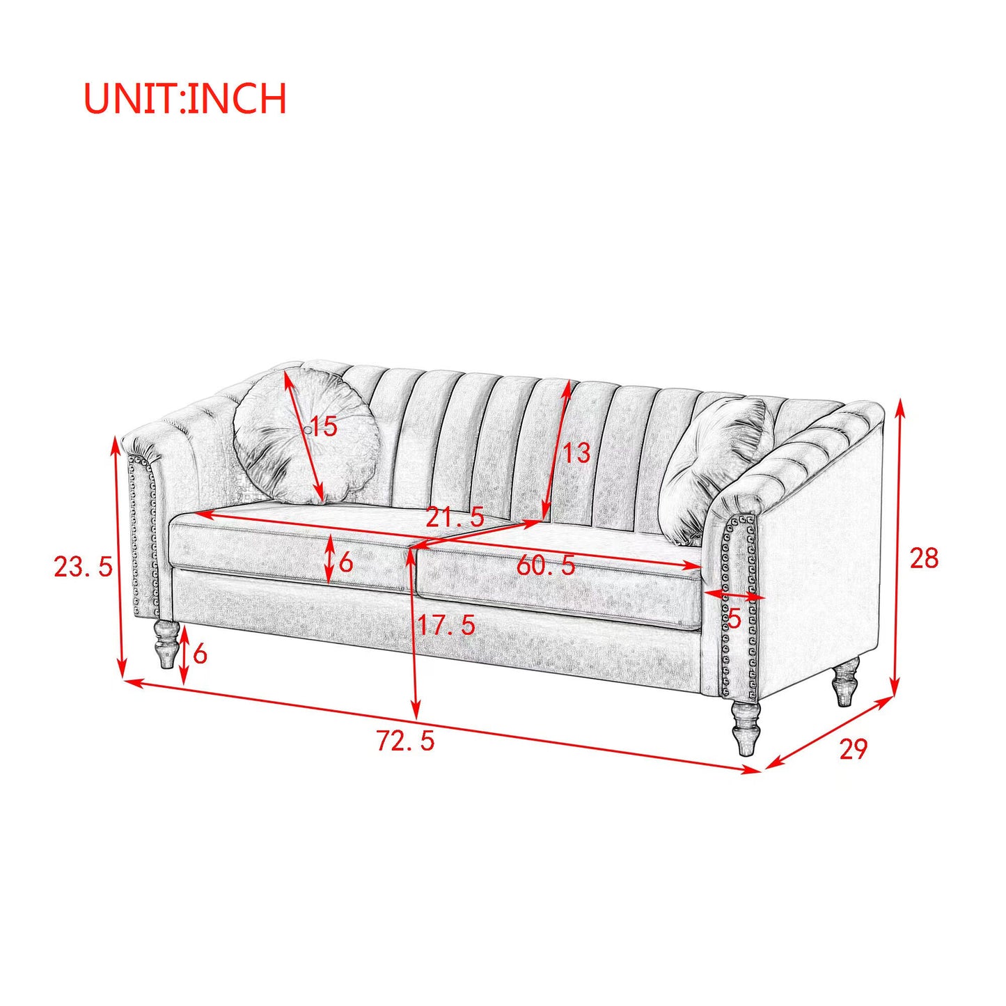 MH Modern Velvet Upholstered Sofa Couch; 3 Seat Tufted Back with Nail Arms with 2 pillows; Solid wood Legs; Sleeper Sofa for Living Room; Compact Living Space; Apartment; Bonus Room