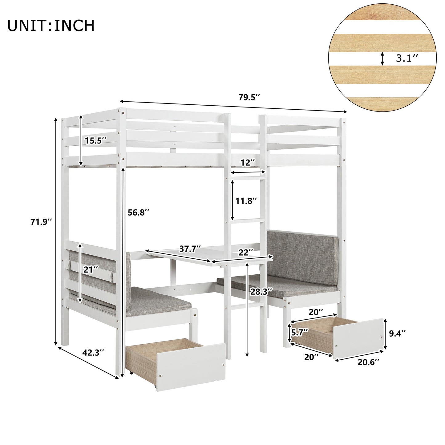 Functional Loft Bed (turn into upper bed and down desk; cushion sets are free)Twin Size