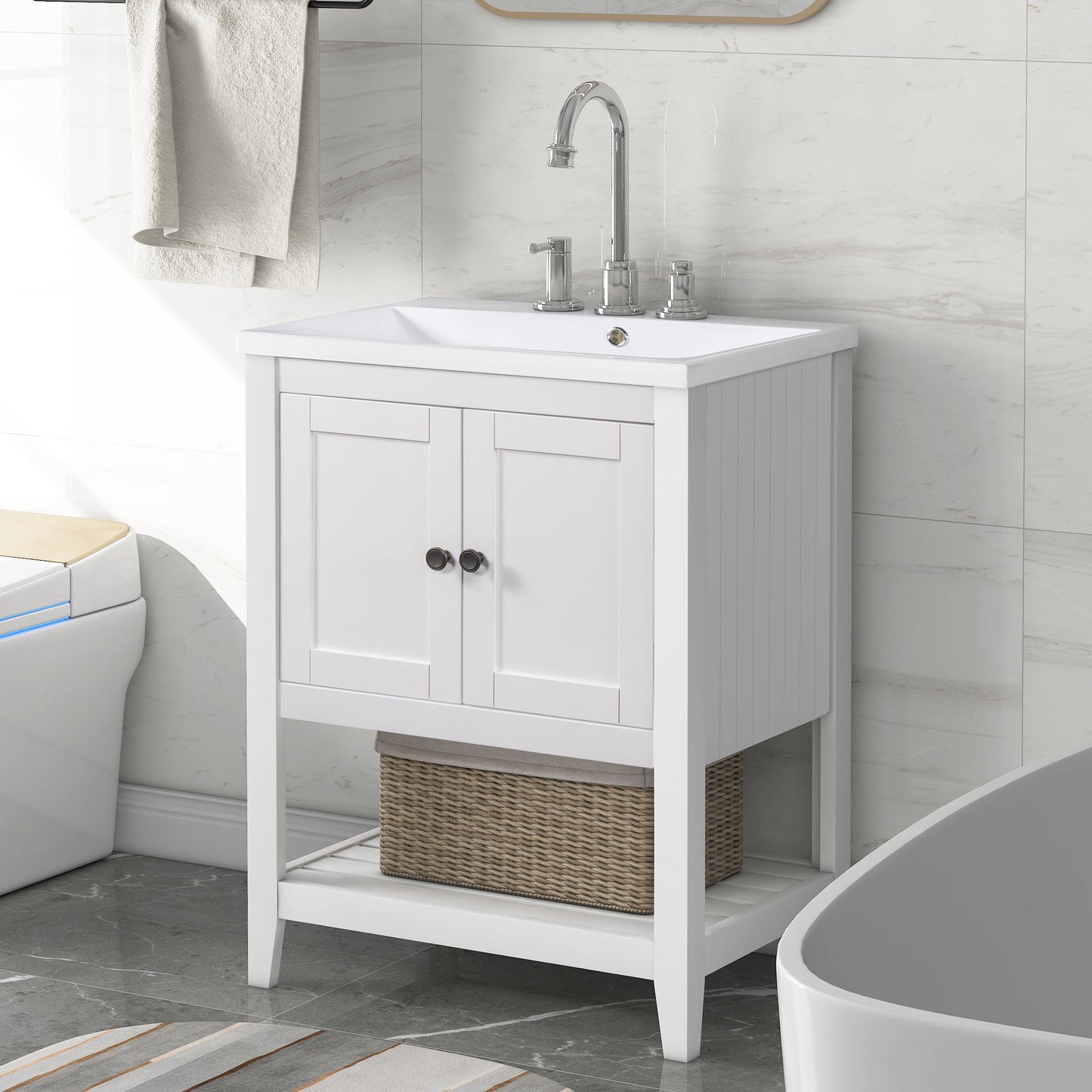 24\\\" White Modern Sleek Bathroom Vanity Elegant Ceramic Sink with Solid Wood Frame Open Style Shelf