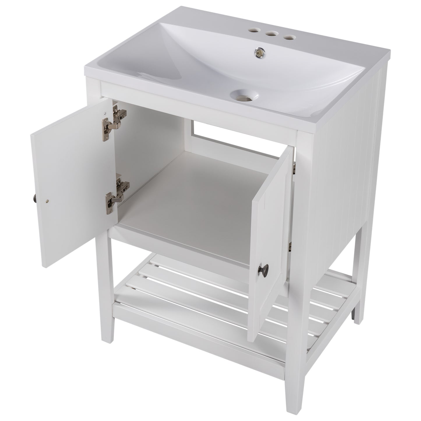 24\\\" White Modern Sleek Bathroom Vanity Elegant Ceramic Sink with Solid Wood Frame Open Style Shelf