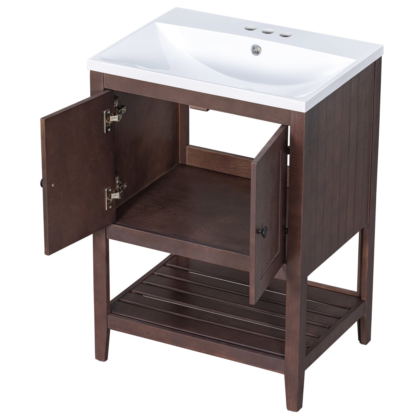 24\\\" White Modern Sleek Bathroom Vanity Elegant Ceramic Sink with Solid Wood Frame Open Style Shelf