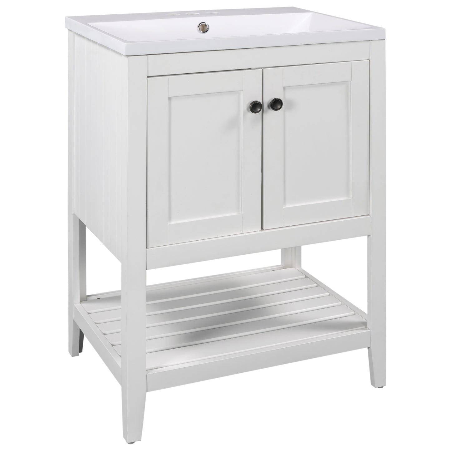 24\\\" White Modern Sleek Bathroom Vanity Elegant Ceramic Sink with Solid Wood Frame Open Style Shelf