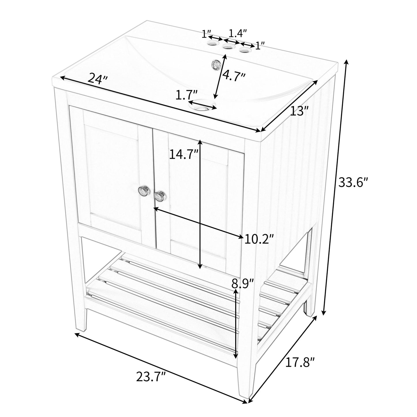 24\\\" White Modern Sleek Bathroom Vanity Elegant Ceramic Sink with Solid Wood Frame Open Style Shelf