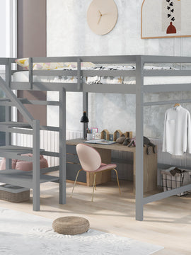 Full Size Loft Bed with Built-in Storage Staircase and Hanger for Clothes; Gray