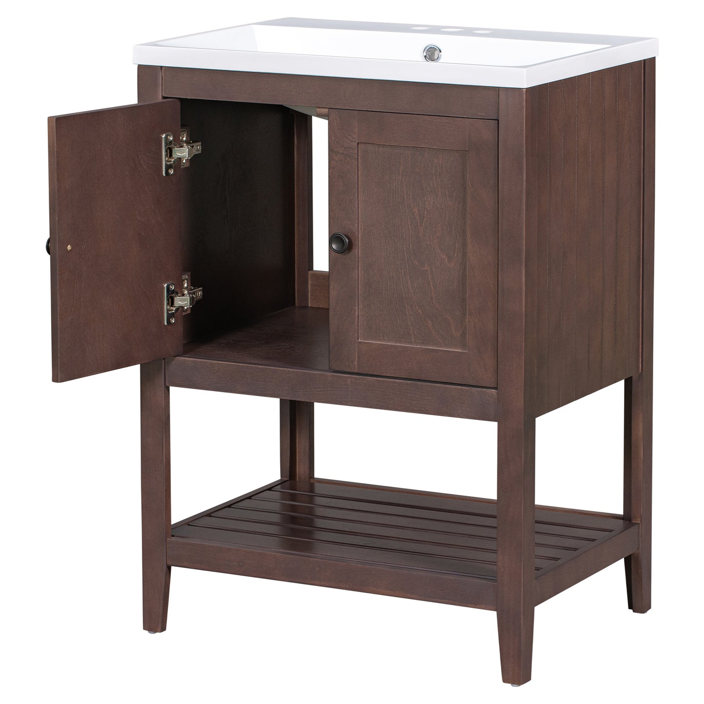 24\\\" White Modern Sleek Bathroom Vanity Elegant Ceramic Sink with Solid Wood Frame Open Style Shelf