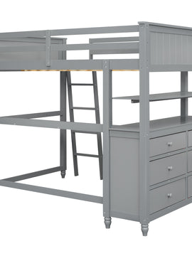 Full size Loft Bed with Drawers and Desk; Wooden Loft Bed with Shelves - Gray(OLD SKU:LT000529AAE)