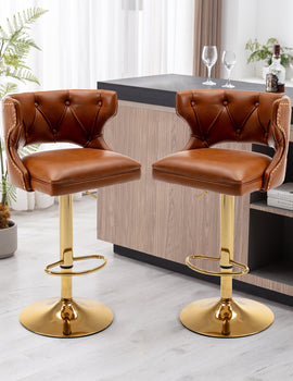 Bar Stools With Back and Footrest Counter Height Dining Chairs -Leather Brown-2PCS/SET