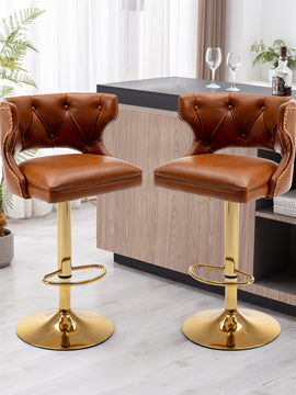 Bar Stools With Back and Footrest Counter Height Dining Chairs -Leather Brown-2PCS/SET