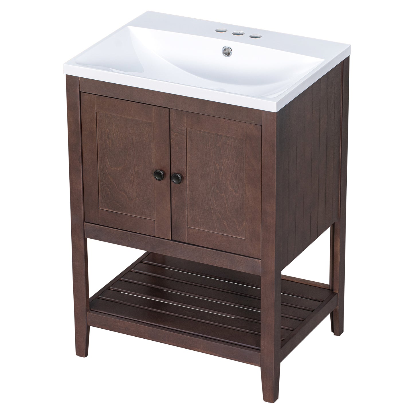 24\\\" White Modern Sleek Bathroom Vanity Elegant Ceramic Sink with Solid Wood Frame Open Style Shelf