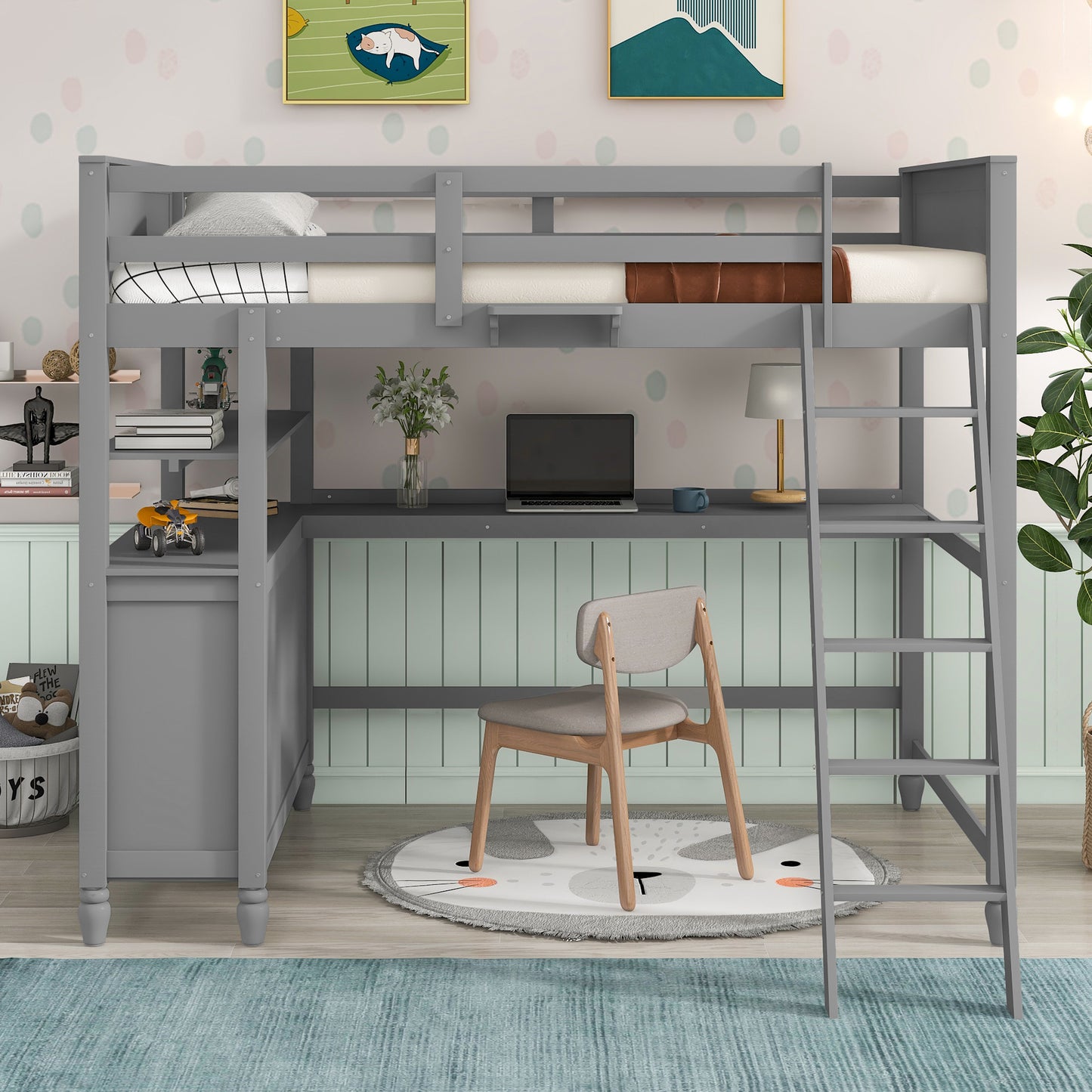 Full size Loft Bed with Drawers and Desk; Wooden Loft Bed with Shelves - Gray(OLD SKU:LT000529AAE)