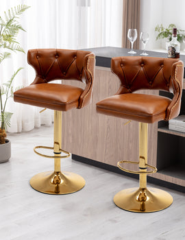 Bar Stools With Back and Footrest Counter Height Dining Chairs -Leather Brown-2PCS/SET