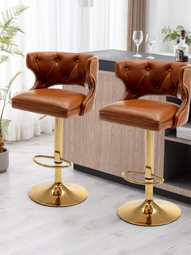 Bar Stools With Back and Footrest Counter Height Dining Chairs -Leather Brown-2PCS/SET